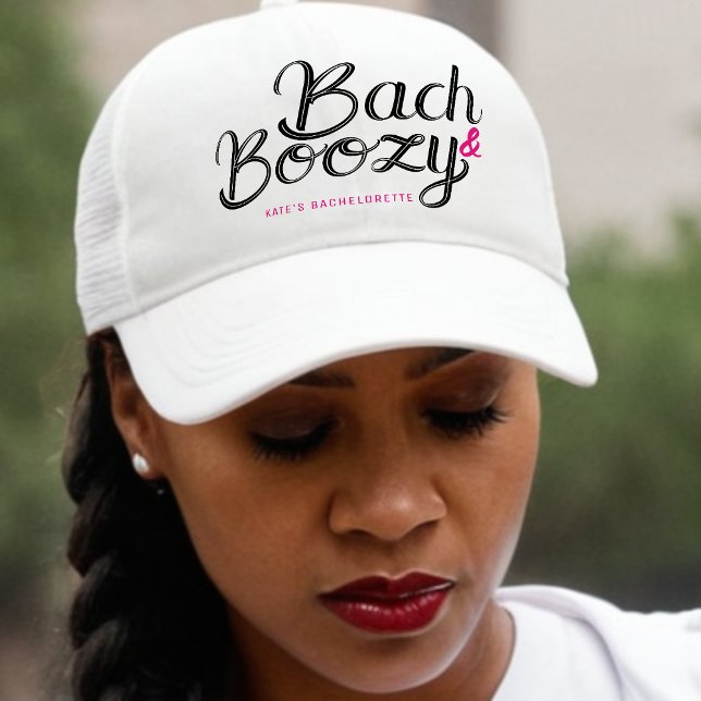 Gorra De Camionero Fiesta de Despedida de Soltera Bach & Boozy Blanca (Bach & Boozy White & Pink Bachelorette Party Trucker Hat
)