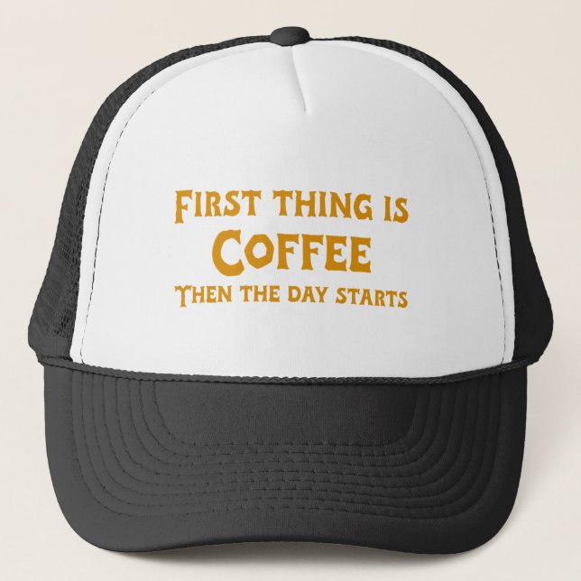 Gorra De Camionero First Thing is Coffee (in Yellow) (Anverso)