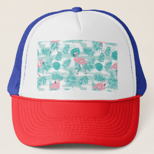 Gorra De Camionero Flamencos rosas, hojas de palma verdes, tropicales