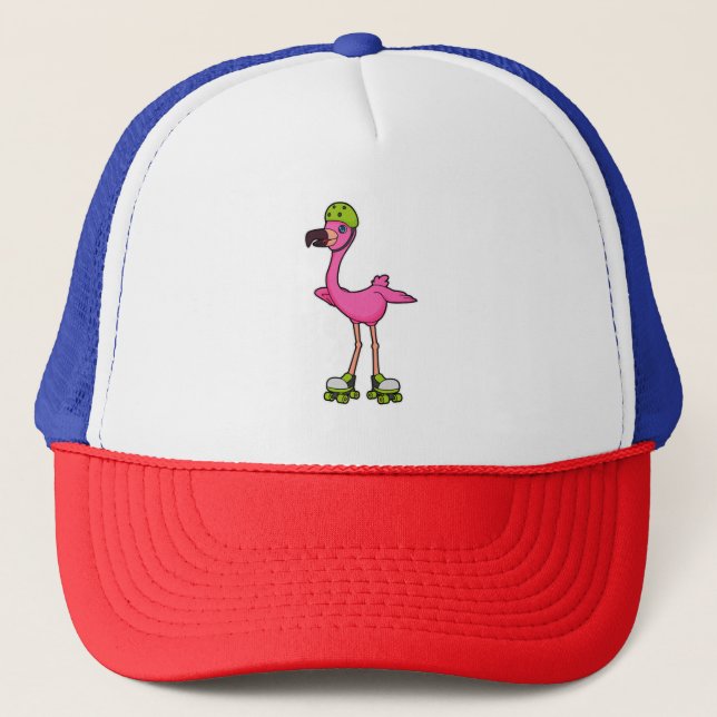 Gorra De Camionero Flamingo como patinador con patines y casco (Anverso)