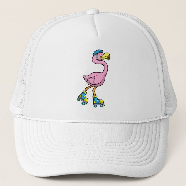 Gorra De Camionero Flamingo como patinador con patines y cascos (Anverso)