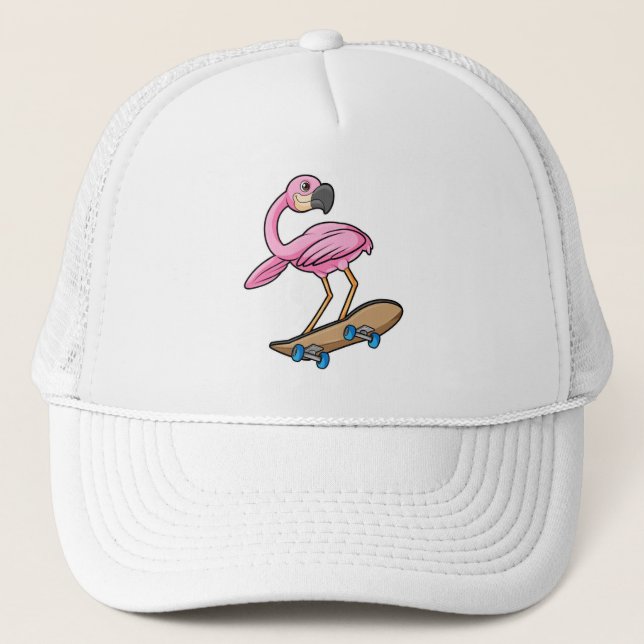 Gorra De Camionero Flamingo como Skater con Skateboard (Anverso)