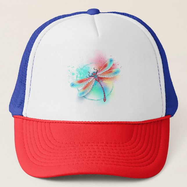Gorra De Camionero Fléon roja sobre fondo acuarela (Anverso)