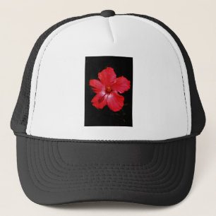 Gorra De Camionero Flor de Hibiscus rojo rosado caliente en negro