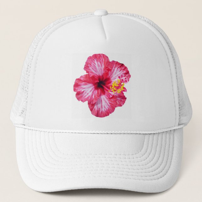 Gorra De Camionero flor rosada blanca roja de la hawaiana del hibisco (Anverso)