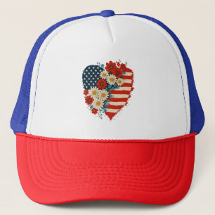 Gorra De Camionero Floral American Flag Heart 4 de julio Estados Unid