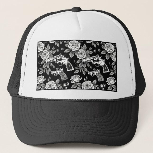 Gorra De Camionero Floral de rebote de cosecha negra y blanca (Anverso)