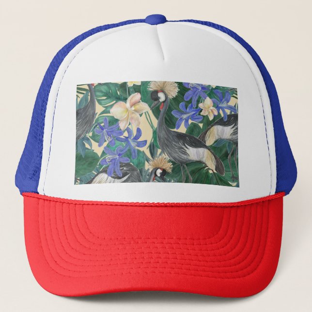 Gorra De Camionero Flores Azules Plumerias, Acuarela Seamless. (Anverso)
