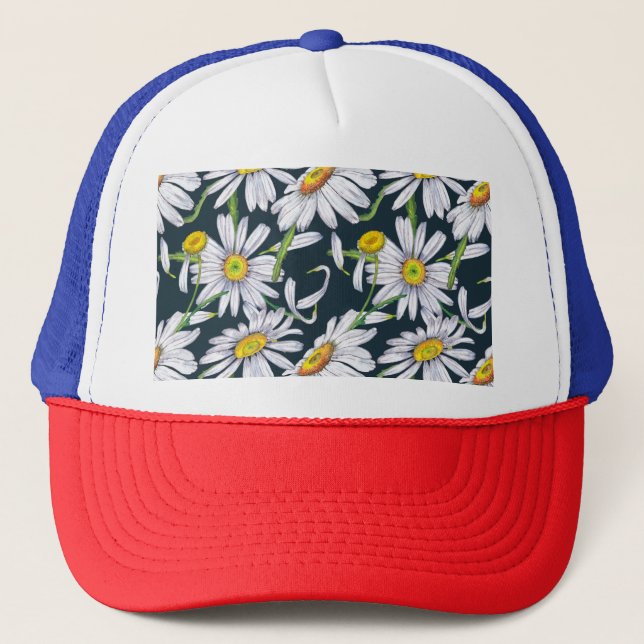Gorra De Camionero Flores De Chamomile: Acuarela Azul Oscuro. (Anverso)