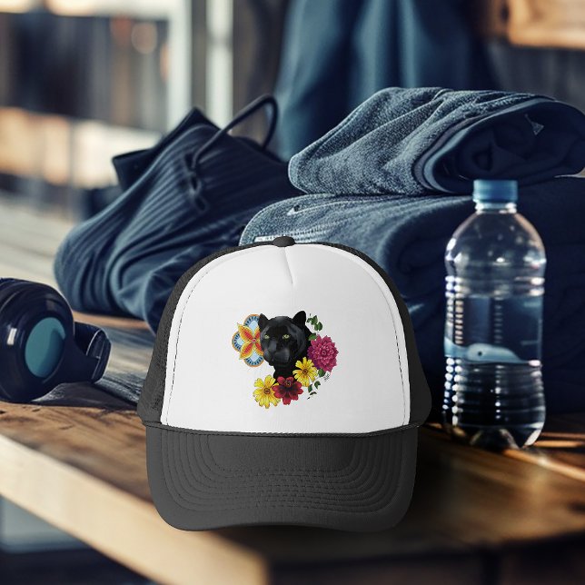 Gorra De Camionero Flores de retrato jaguar negro (Subido por el creador)