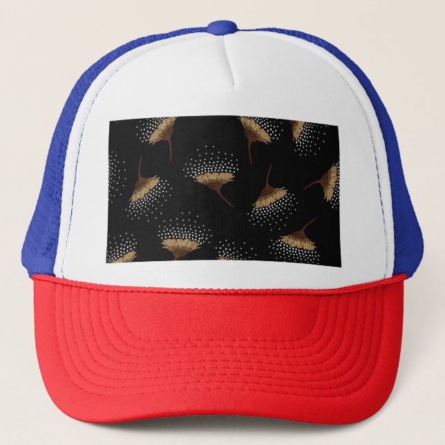 Gorra De Camionero Flores marrones, fondo negro transparente. (Anverso)
