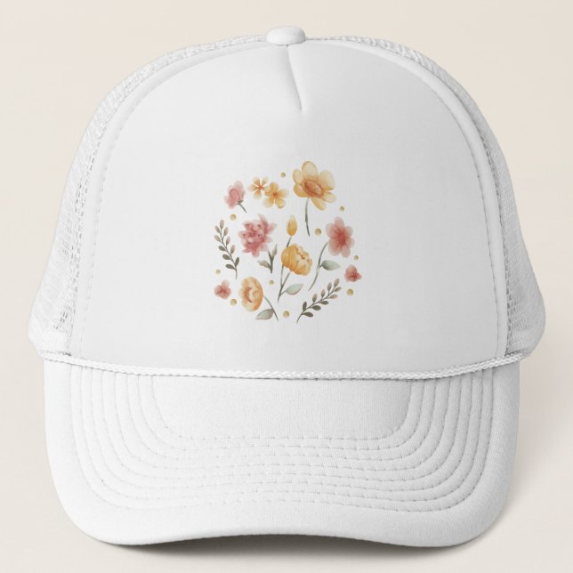 Gorra De Camionero Flores y hojas en flor y acuarela (Anverso)