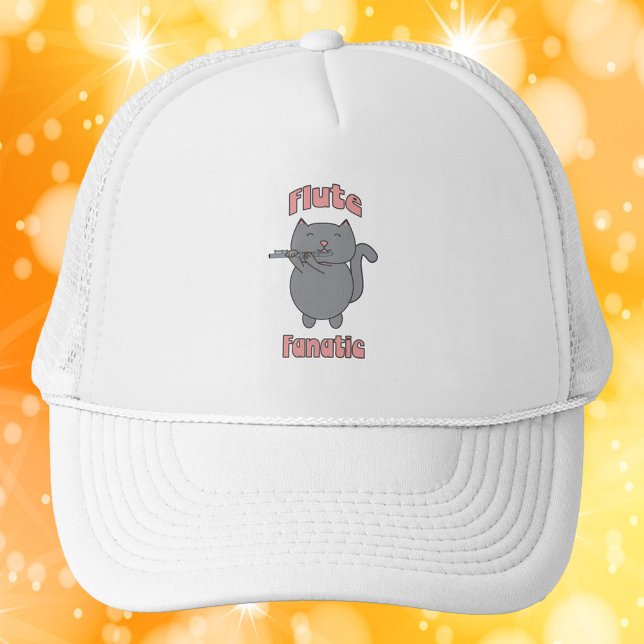 Gorra De Camionero Flute Fanatic Gray Cat Pink (A hat with a cute gray cat playing the flute and the words flute fanatic in pink.)