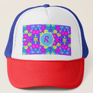 Gorra De Camionero Fondo con patrón de flores rosas azules y amarilla