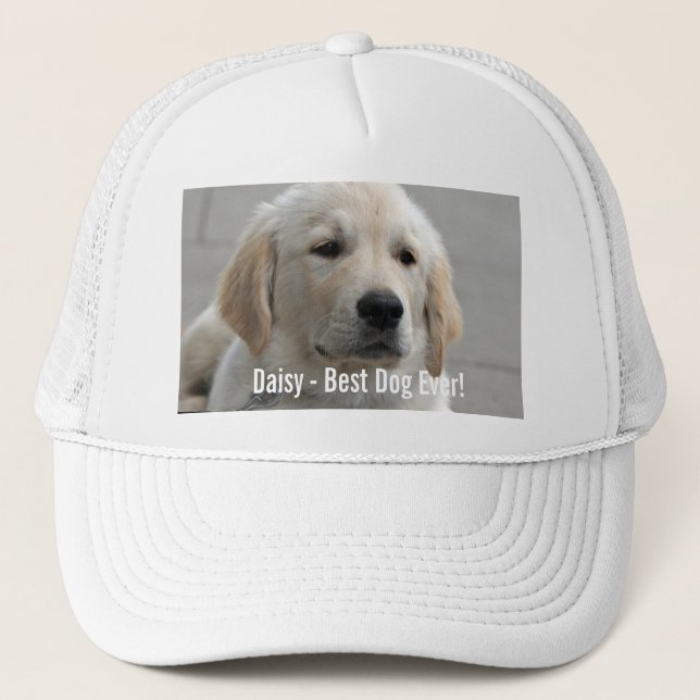 Gorra De Camionero Foto personalizada y nombre del perro del golden (Anverso)