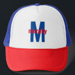 Gorra De Camionero Fuente moderna Personaliza el rojo, blanco y azul<br><div class="desc">Sombrero de camionero con nombre personal rojo,  blanco y azul.</div>