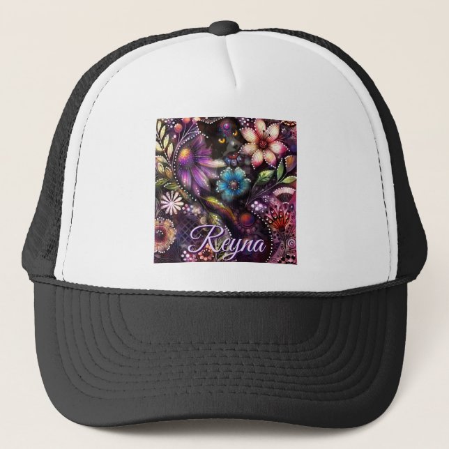 Gorra De Camionero Garden Kitty Cat Floral Abstract Personalized (Anverso)