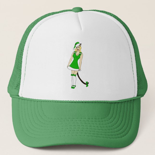 Gorra De Camionero Gatita verde de Navidad (Anverso)