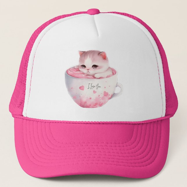 Gorra De Camionero Gato blanco-rosado en una taza de té (3) (Anverso)