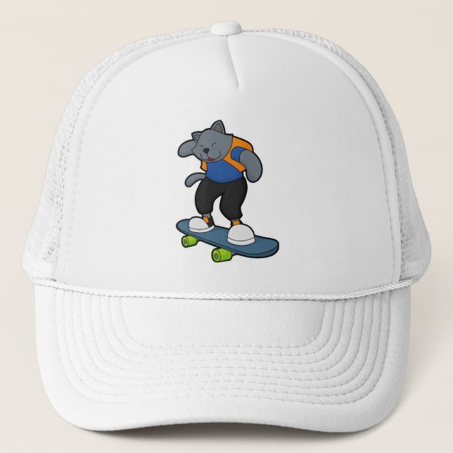 Gorra De Camionero Gato como Skateboarder con Skateboard (Anverso)