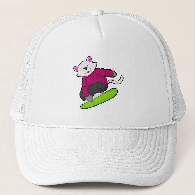 Gorra De Camionero Gato como snowboarder con Snowboard (Anverso)