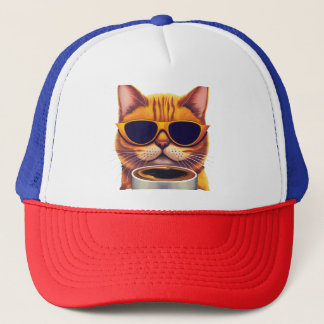 Gorra De Camionero gato con gafas tomando café
