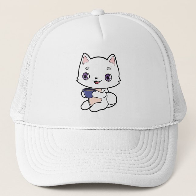 Gorra De Camionero Gato con taza de café (Anverso)