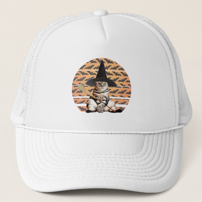 Gorra De Camionero Gato de bruja de Halloween (Anverso)