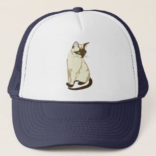 GORRA DE CAMIONERO GATO DE COLOR BEIGE Y MARRÓN CON OJOS AZULES