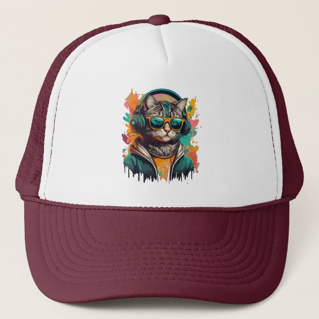 Gorra De Camionero Gato de Guay Groovy con audífonos escuchando músic (Anverso)
