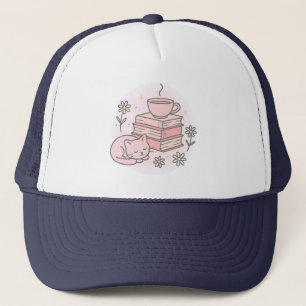 Gorra De Camionero Gato de libros rosas y taza de té