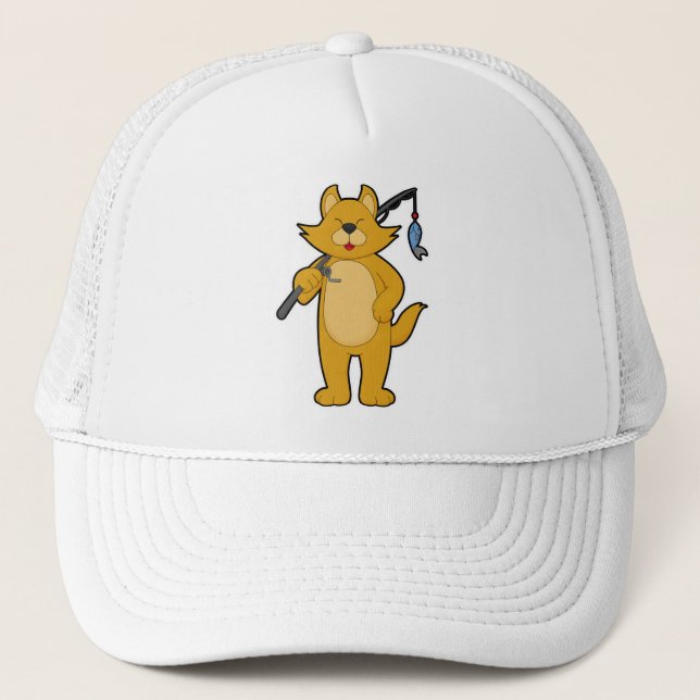 Gorra De Camionero Gato de pesca con barra de pesca y pescado (Anverso)