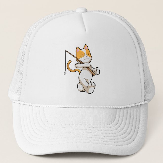 Gorra De Camionero Gato en la pesca con barra de pesca (Anverso)