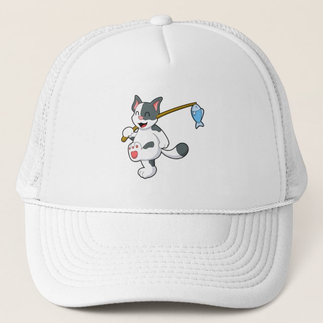Gorra De Camionero Gato en la pesca con barra de pesca (Anverso)