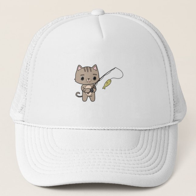 Gorra De Camionero Gato en la pesca con barra de pesca (Anverso)