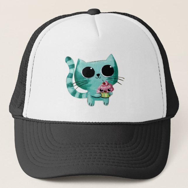 Gorra De Camionero Gato lindo del gatito con la magdalena de Kawaii (Anverso)