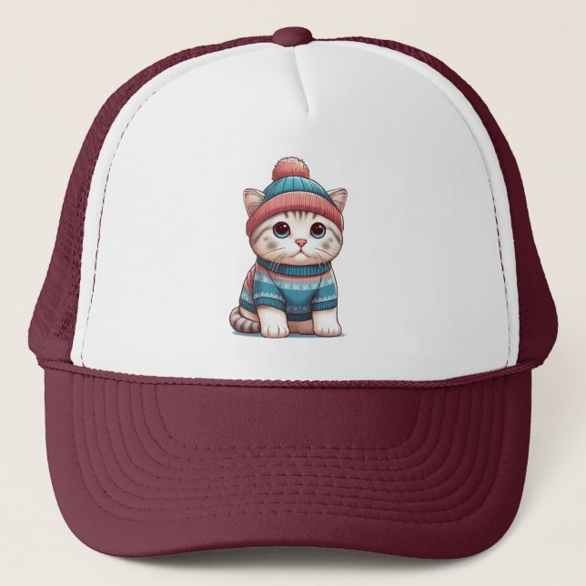 Gorra De Camionero Gato lindo en un suéter y beanie (Anverso)