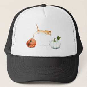 Gorra De Camionero Gato naranja saltando entre calabazas
