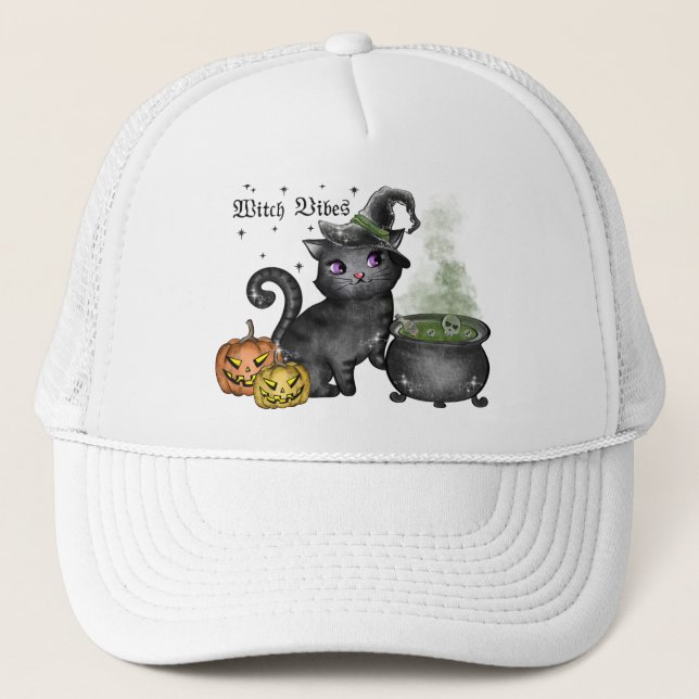 Gorra De Camionero Gato negro de bruja | Vibes de bruja (Anverso)
