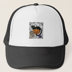 Gorra De Camionero Gato negro de Halloween calabaza lápida caldero Ri