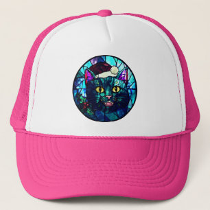 Gorra De Camionero Gato Negro de Navidad Maullando en Vidrio Emplomad