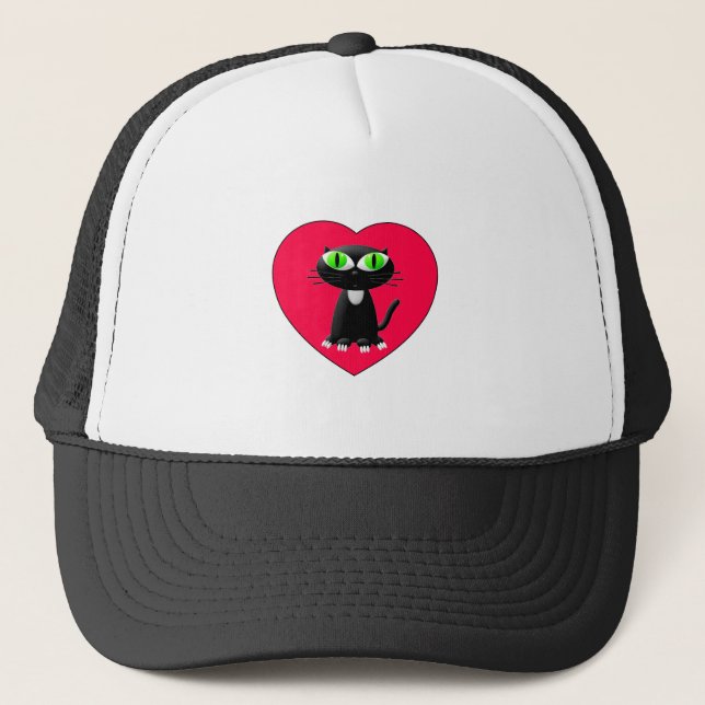 Gorra De Camionero Gato Negro En Corazón Rojo (Anverso)