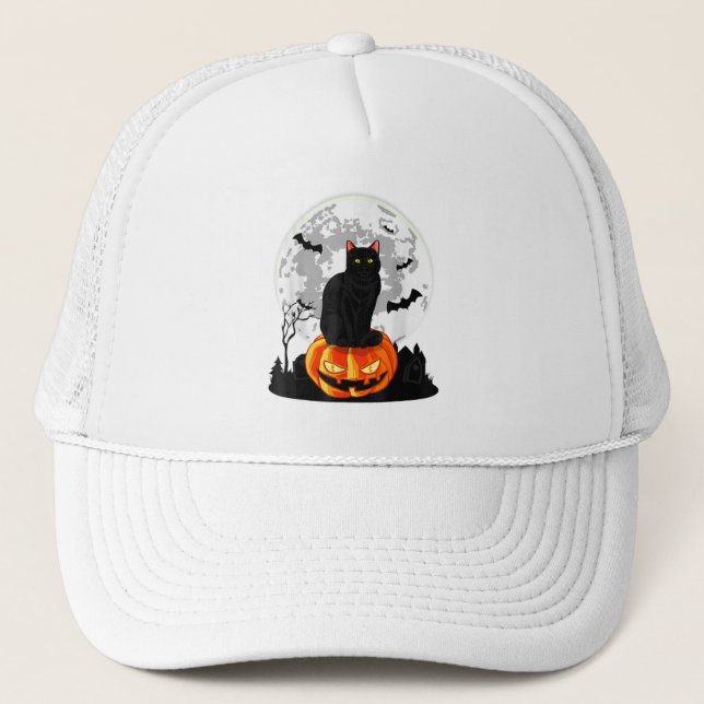 Gorra De Camionero Gato Negro En La Calabaza Completa Moon Costuma De (Anverso)