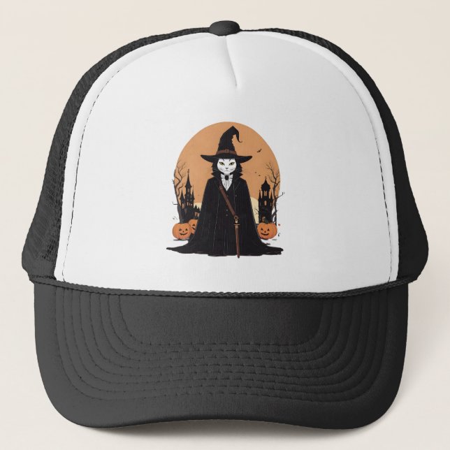 Gorra De Camionero Gato negro místico salem con calabazas (Anverso)