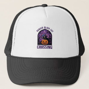 Gorra De Camionero Gato Negro Peligro Cruzando Halloween Calabaza Bru