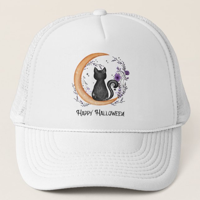 Gorra De Camionero Gato negro y luna creciente por feliz Halloween (Anverso)