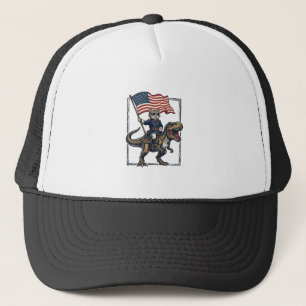 Gorra De Camionero Gato Patriótico Montando Dinosaurio Diseño Vector 