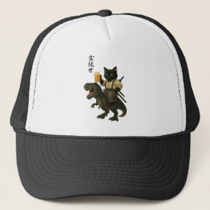 Gorra De Camionero Gato Samurái con Cerveza & T-Rex   Arte Japonés Re