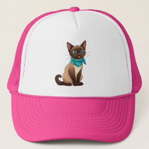 Gorra De Camionero Gato siamés adorable con bandana turquesa