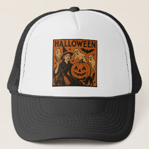Gorra De Camionero Gato vintage/retro, fantasma, calabaza y bruja